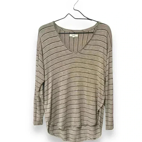 Madewell Long Sleeve Stripe Pattern V-neck Beige Relaxed Fit High-Low Anthem Tee - Picture 9 of 16